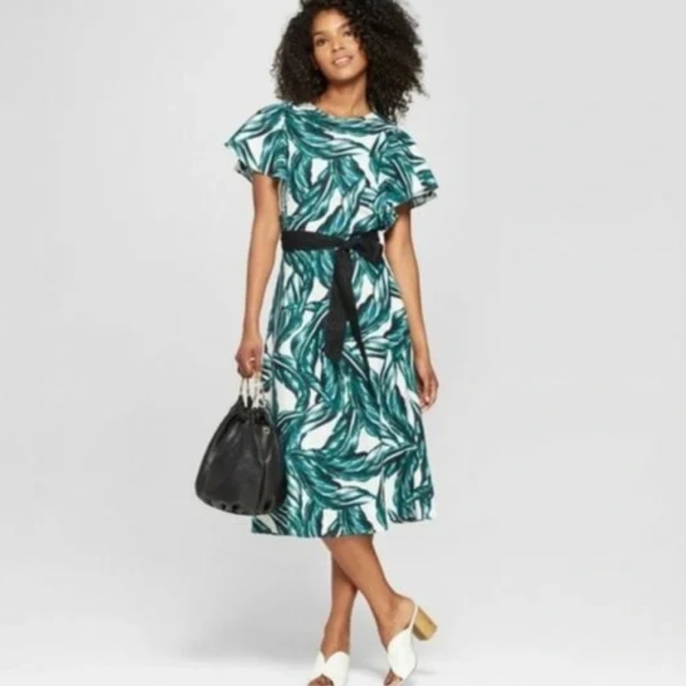 Who What Wear Women’s Palm Print Tropical Linen Blend Midi Dress Size Small
